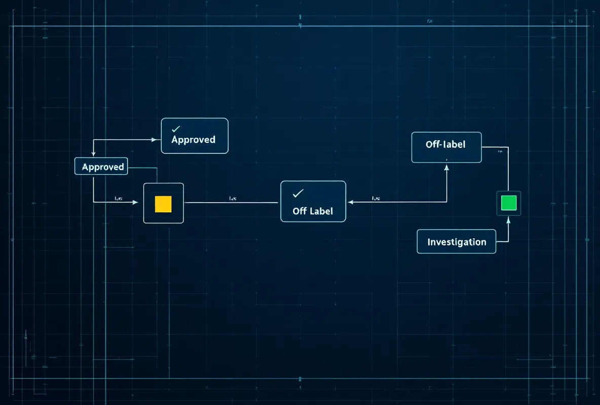 Diagram of the off-label prescribing pathway, tracing an approved drug from its labeled indication to a clinician's judgment